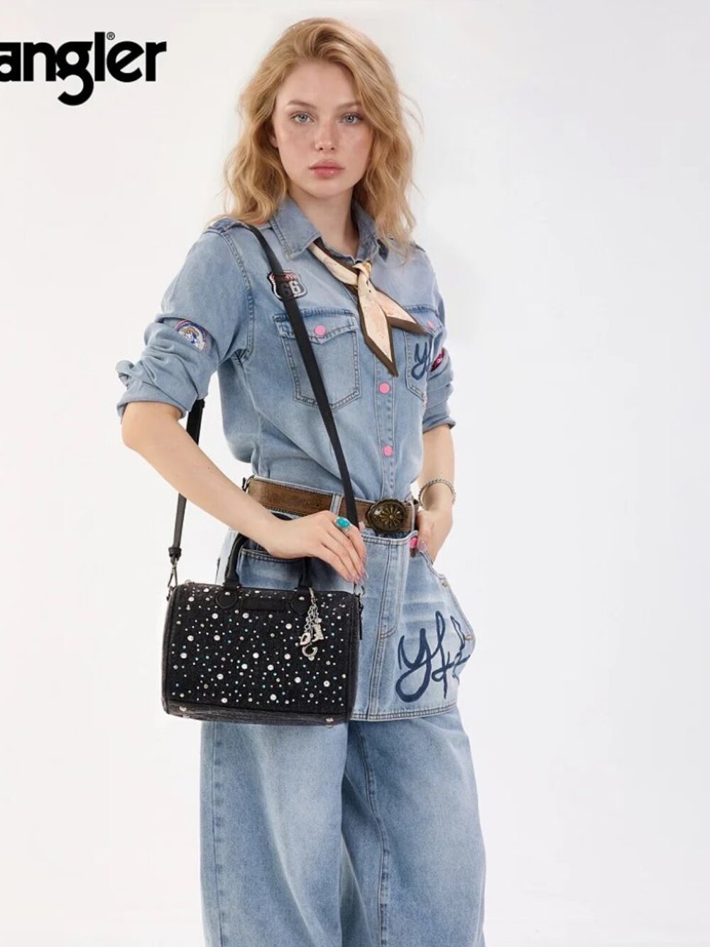 Wrangler Western Rhinestone Denim Boston Bag/Crossbody Black - Picture 6 of 8